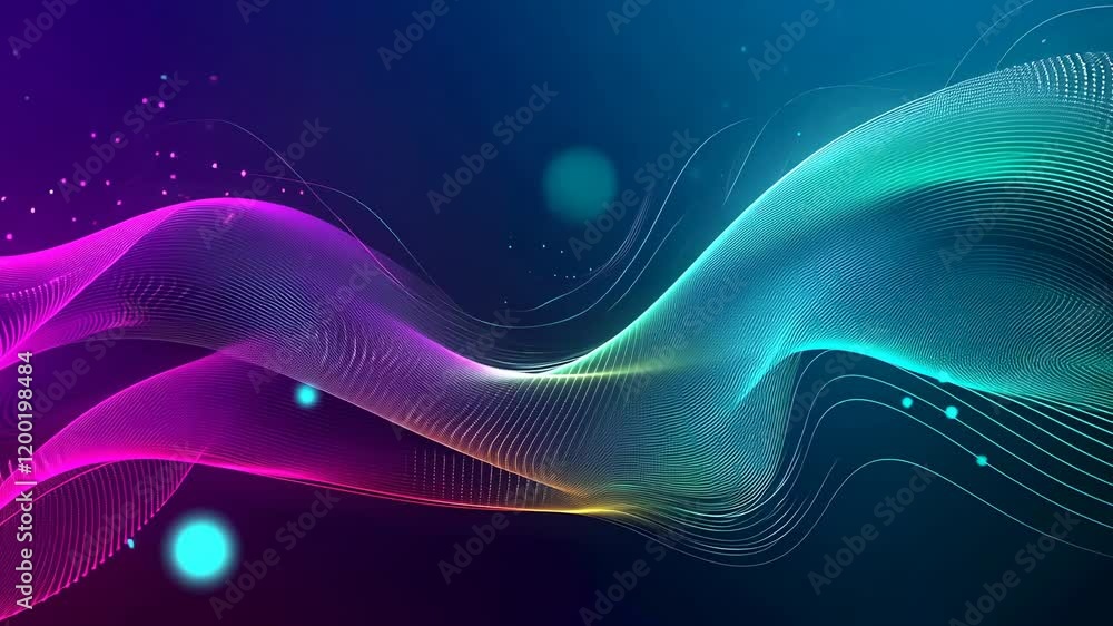 Fototapete Video with a mesmerizing digital realm with an abstract and colorful design. Two flowing waves, one in pink and the other in blue-green, composed of intricate patterns of dots and lines, create a dyna
