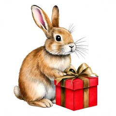 Obraz premium Rabbit with red gift box isolated on white background