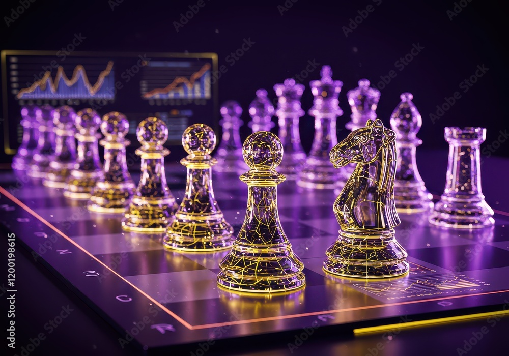 Poster a chessboard with holographic pieces and ai for data analysis and strategy development