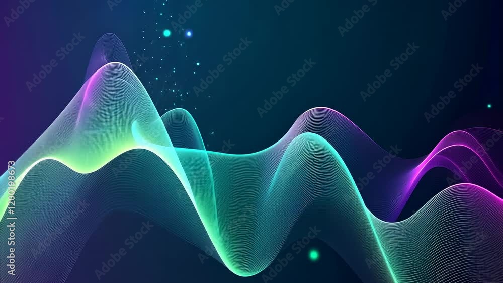 Fototapete Video with an abstract digital art composition featuring vibrant neon green and pink lines on a dark blue background. The wavy pattern and scattered light dots create a dynamic and energizing visual e