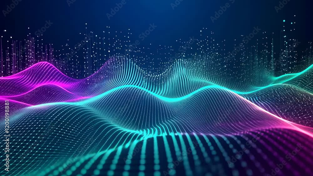 Fototapete Video with a digital landscape of vibrant colors and dynamic energy. Glowing lines and points create a mesmerizing grid pattern with a wave-like effect, evoking a sense of movement