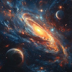 A vibrant spiral galaxy dominates the scene with swirling nebulae and orbiting planets. Ideal for space-themed projects, backgrounds, or posters.