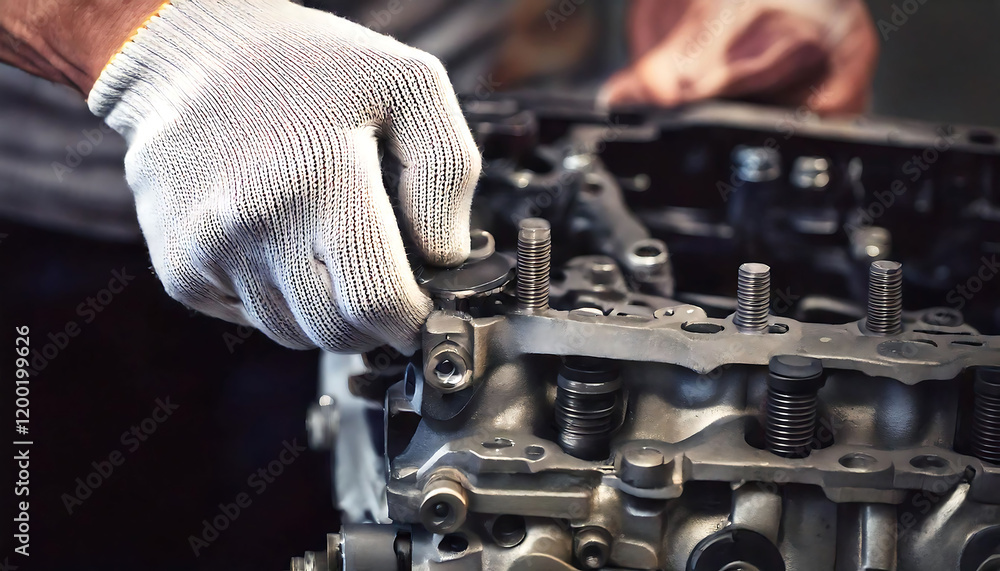 Poster close-up of gloved hands meticulously working on a complex engine component. high-quality image perf