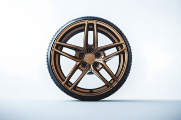 Fototapeta premium bronze alloy car wheel with sleek design, tire tread, and brake disc for high-performance automotive style and precision engineering