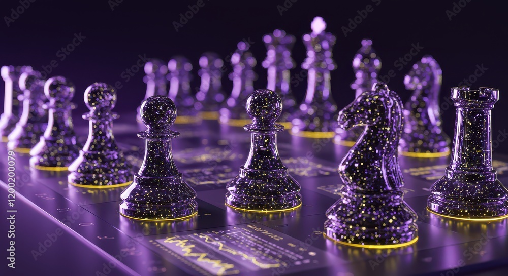 Poster a chessboard with holographic pieces and ai for data analysis and strategy development