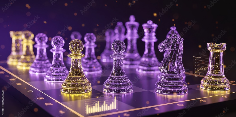 Poster a chessboard with holographic pieces and ai for data analysis and strategy development