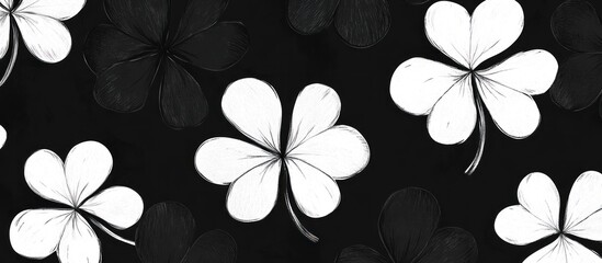 Monochrome clover leaf pattern, dark background, digital illustration, textile design
