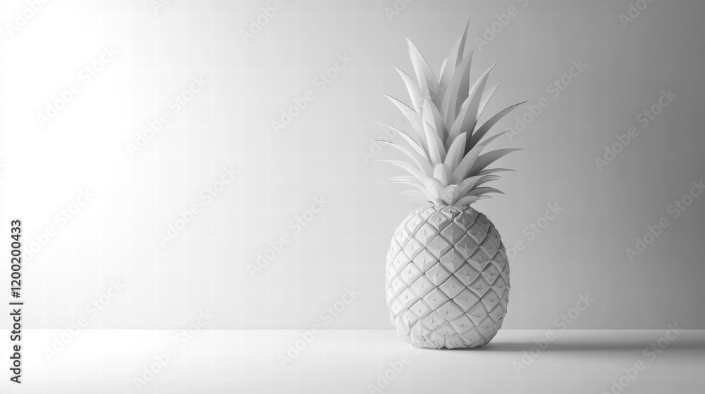 Fototapete pineapple standing alone on a white table against a soft light background in a minimalistic setting.