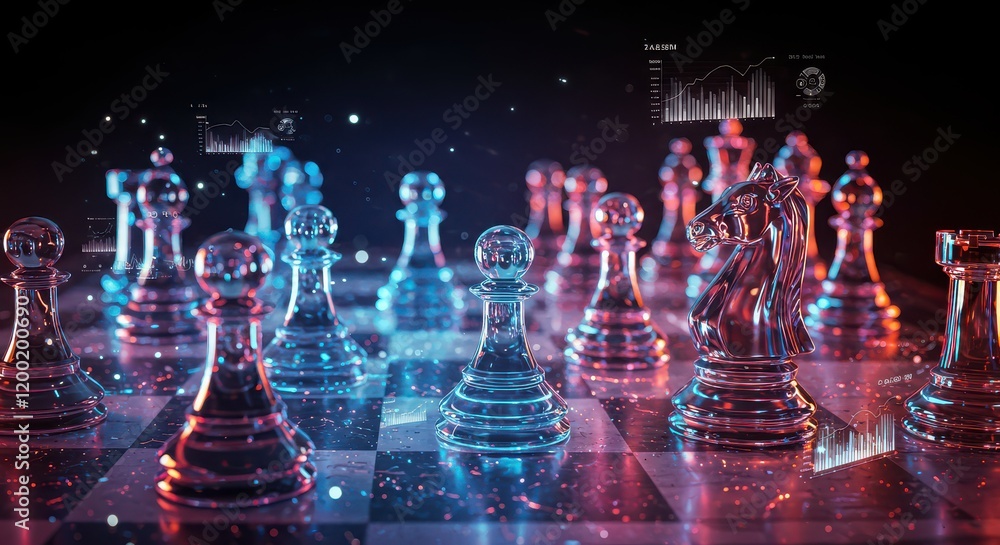 Poster a chessboard with holographic pieces and ai for data analysis and strategy development