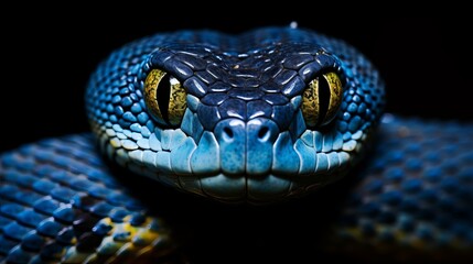 Fototapeta premium Majestic blue snake reveals enchanting details in the darkness. Generative AI