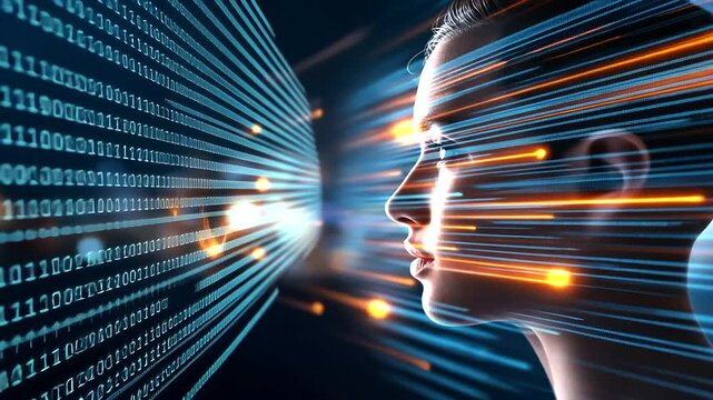 A glowing AI face slowly taking shape from a vibrant, swirling stream of abstract data, representing the complexity and creativity of machine learning