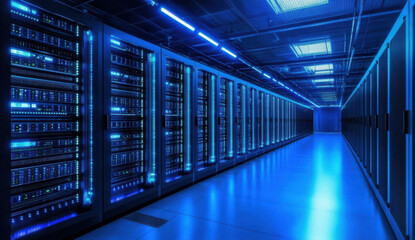 Dark tech server room filled with computer racks. Secure environment hosts critical systems. Advanced tech facilities support data centers. Digital infrastructure for crypto mining. Modern datacenter