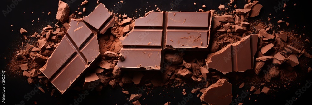 Poster dark chocolate pieces and cocoa dust create an enticing dessert display. generative ai