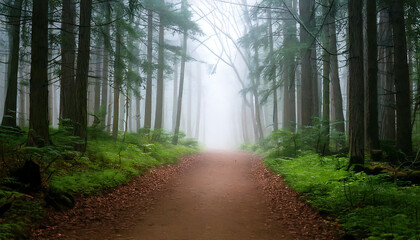 Obraz premium Serene forest path disappearing into mystical fog. Lush green undergrowth lines a dirt road, perfect for nature, travel, and tranquility themes. Ideal for websites, brochures, or calming imagery.