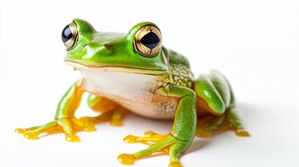 Obraz premium A vibrant green frog sitting on its hind legs, its eyes wide, isolated on a clean white backdrop,