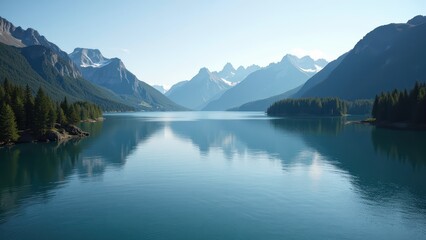 Captivating teal waters ripple under a mirrored sky and distant mountain silhouette in this expansive outdoor panorama