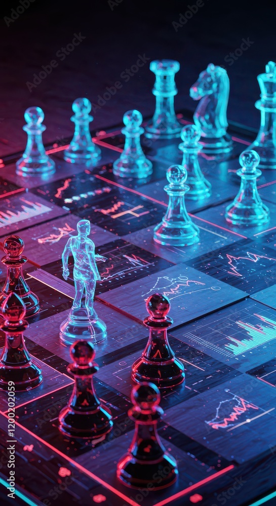 Poster a chessboard with holographic pieces and ai for data analysis and strategy development