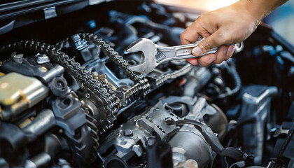 Close-up of a hand holding a wrench near a car engine's timing chain.  Professional auto repair, maintenance, and automotive engineering concept.