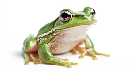 Obraz premium A vibrant green frog sitting on its hind legs, its eyes wide, isolated on a clean white backdrop,