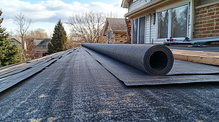 Detailed shot of roofing felt being rolled out and secured, preparing the roof for new shingles