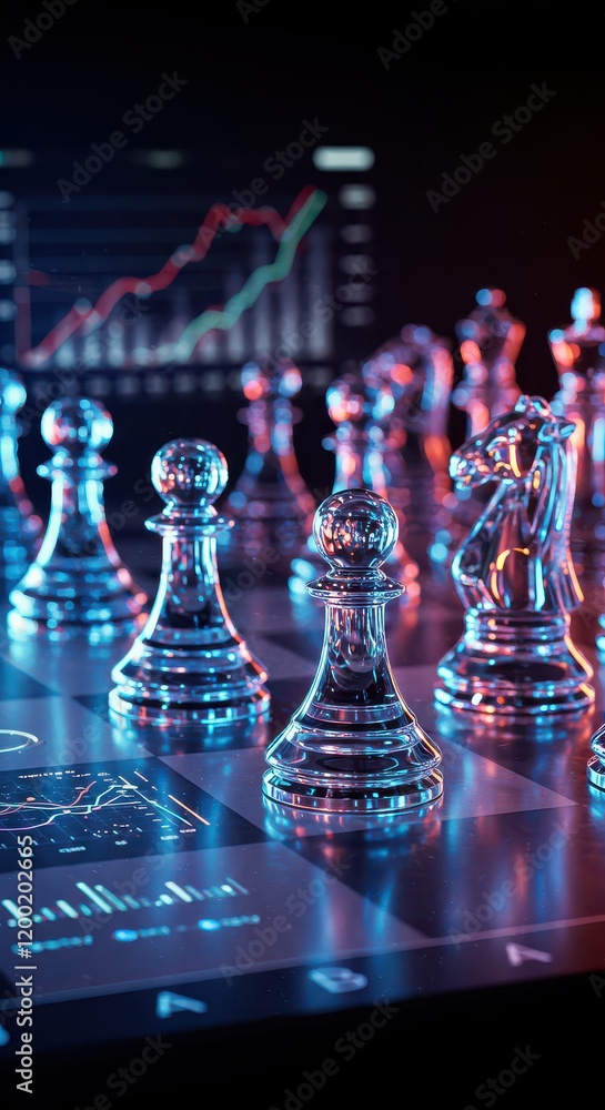 Poster a chessboard with holographic pieces and ai for data analysis and strategy development