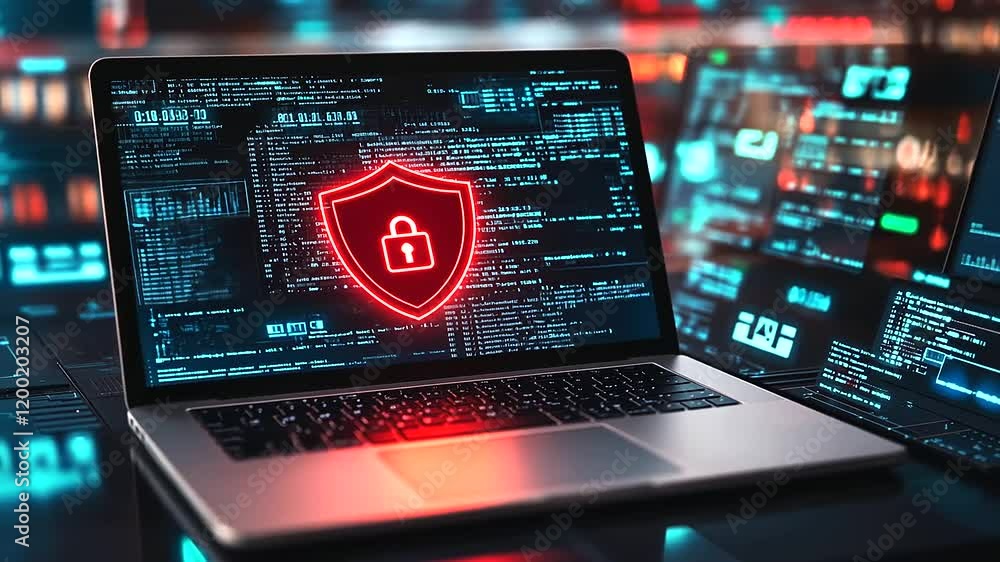 Poster a high-tech workspace with an open laptop showing a red shield and padlock icon, surrounded by a vir