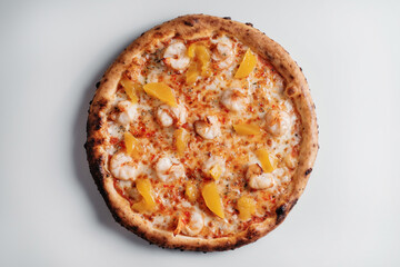 Pizza with seafood on white background