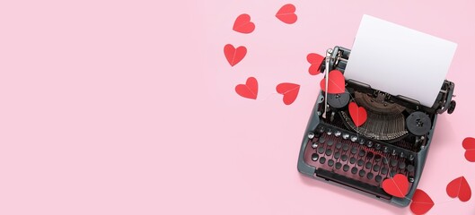 Vintage typewriter and paper hearts on pink background with space for text. Valentine's Day banner