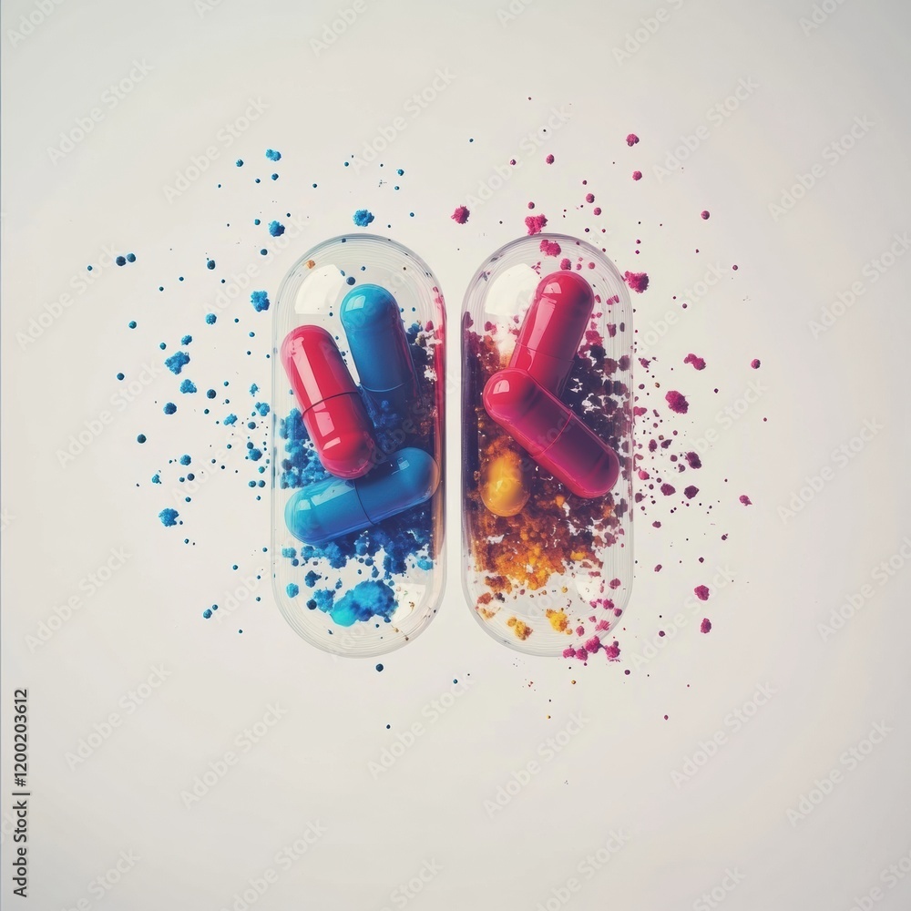 Poster colorful particles spill from a split capsule showcasing vibrant pharmaceutical elements on a plain 