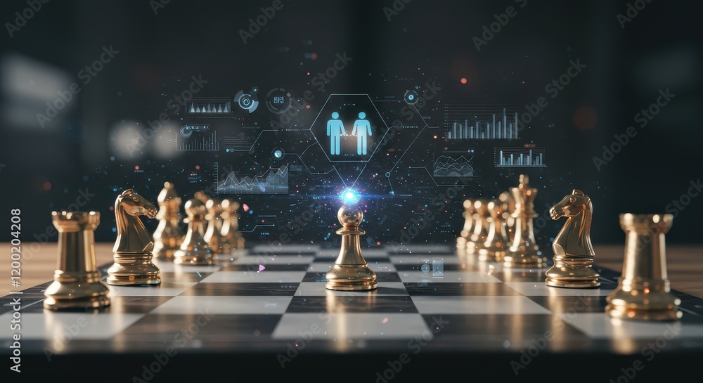 Poster a chessboard with holographic pieces and ai for data analysis and strategy development