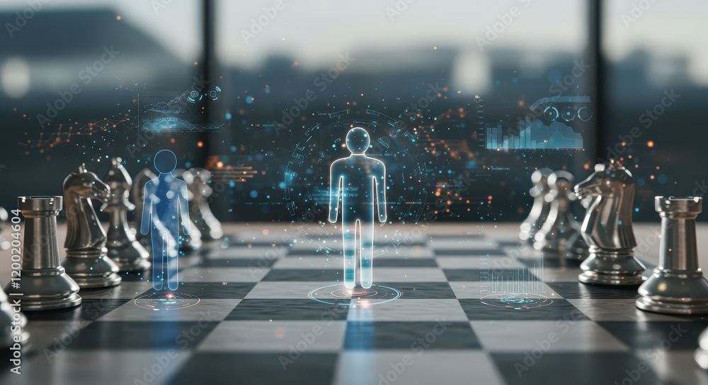 Poster a chessboard with holographic pieces and ai for data analysis and strategy development