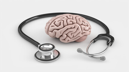 3D brain model on a clean white background, around it a metallic stethoscope. perfect for Brain Injury Awareness, medical research visuals, neuroscience blogs, or healthcare campaigns.