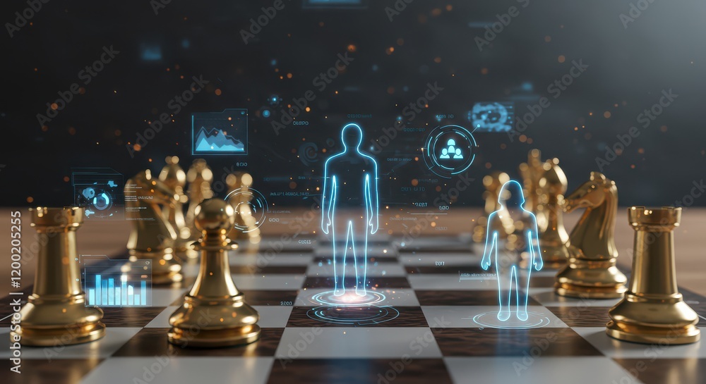 Poster a chessboard with holographic pieces and ai for data analysis and strategy development
