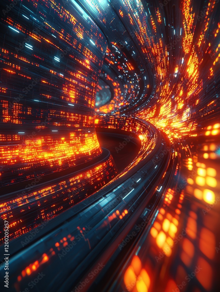 Poster a swirling vortex of digital data streams in fiery orange and cool blue hues. ideal for visualizing 