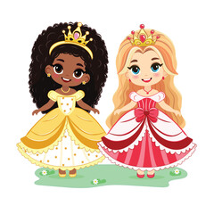 Cute different nationalities little princess with beautiful eyes and golden crown. Isolate on white background. Poster, Banner, Flyer, Greeting Card. Vector illustration in flat drawn cartoon style