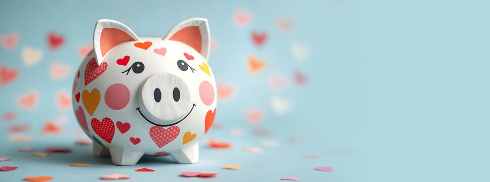 Cochon tirelire heureux avec des c&oelig;urs, exprimant le don et la charit&eacute;