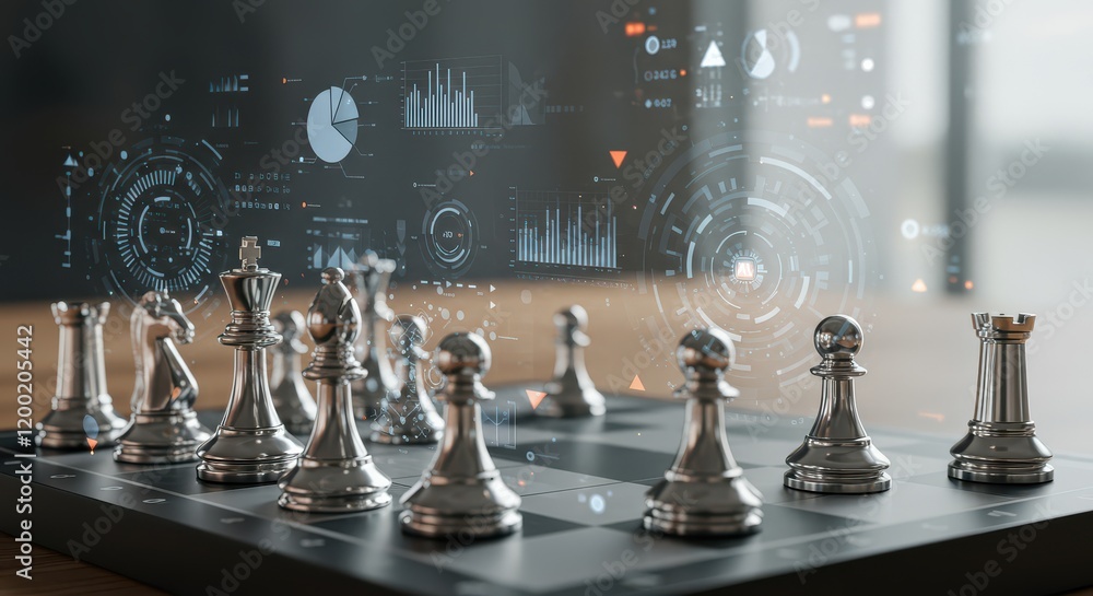 Poster a chessboard with holographic pieces and ai for data analysis and strategy development