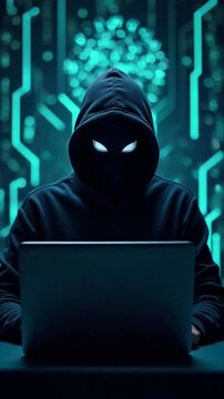 Mysterious Hooded Figure Working on Laptop Against Glowing Circuit Board Background