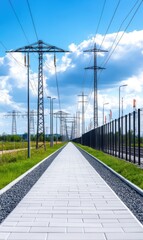 Scenic Pathway Along Electric Power Lines Under Blue Sky and Fluffy Clouds in Bright Daylight