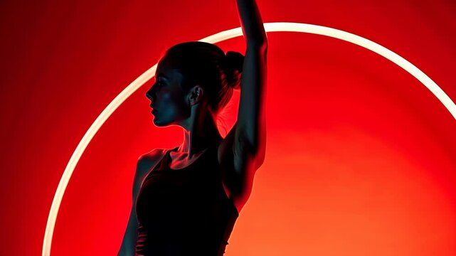 Young woman gymnast silhouette in the studio against the background of red neon backlight.
