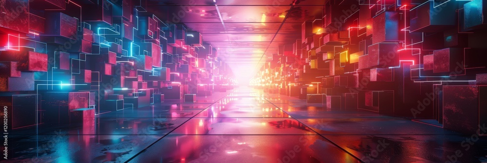 Poster a corridor filled with colorful, glowing cubes extends into the distance. concept of futuristic digi