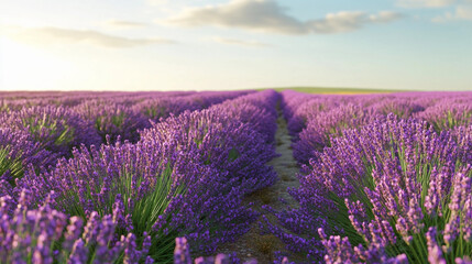 Obraz premium Lavender field extends endlessly under a clear blue sky. Generative AI