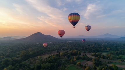 Obraz premium Skybound Symphony: Hot Air Balloons Over Majestic Mountains