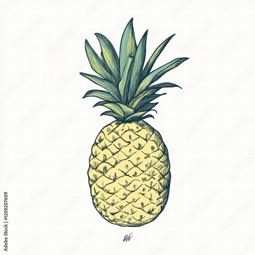 Poster detailed illustration of a ripe pineapple showcasing its unique texture and vibrant colors in natura