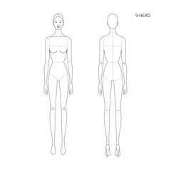 Female line technical drawing croquis for flat fashion sketches and cads. 9 head vector mannequin design. 