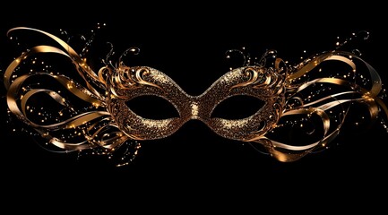A golden masquerade mask with glittering swirls and ribbons, set against an elegant black background, symbolizing mystery and allure for festive carnival celebration