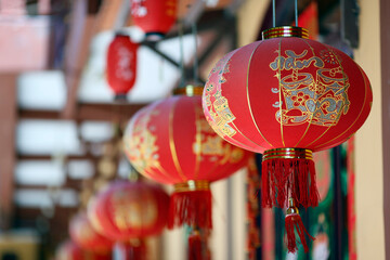 Long Duc buddhist Pagoda. Decoration with red  New Year's lanterns. Tan Chau. Vietnam.