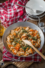 Fried chicken pieces with vegetables.