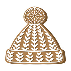 Gingerbread winter hat holiday cookie. Flat vector illustration in brown and white colors