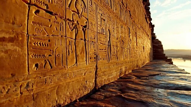 Ancient egyptian hieroglyphics at sunset by the nile river